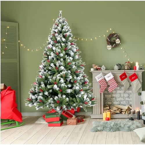 Albero di Natale Pino SCANDINAVO con BACCHE ROSSE h. 120h 80 cm, Doppi Rami in PVC+PE, Punte INNEVATO, Abete Germogliato Supporto Base in Metallo, Folto Aghi di Pino realistico (120 cm - 260 rami)