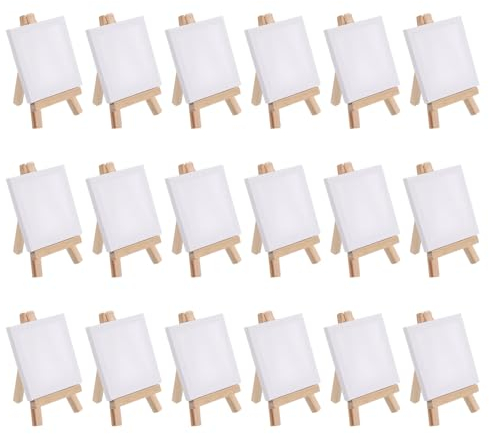 PATIKIL 3 x 3 Canvas Easel Set, 18 Set Mini Stretched Display Canvases Panel Board with Portable Tripod Wooden Holder Stand for Drawing Painting Art