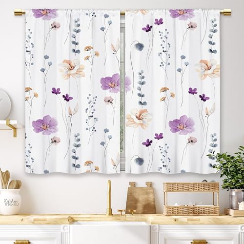 Laifzere, tende da cucina viola con fiori in stile acquarello, tende da bar corte e piccole, con tasca per asta, minimaliste, a foglia botanica, per bagno, soggiorno, camera da letto, tende per