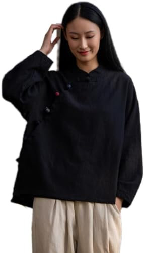 Chemisier chinois Ramie pour femme - Coton et lin - Chemise Hanfu d'été traditionnelle - Costume de méditation avec manches longues - Tunique rétro - Costume de méditation, Noir , M