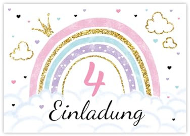 Minkocards 12 Einladungskarten zum 4. Kindergeburtstag Mädchen Regenbogen Einladung vierte Geburtstag Mädchengeburtstag Geburtstagseinladungen