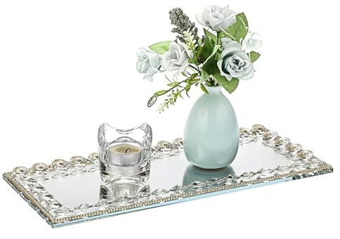 SUMTree Rectangle Crystal Decorative Display Tray, Perfume & Jewelry Organizer with Mirrored Base, Cake Serving Tray, Makeup Display - 35 * 15 * 2cm