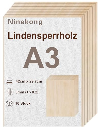 10 Stück Lindenholzplatte A3,sperrholzplatte 3mm,420x297mm Bastelbrett,Pappel-Sandwich, Lindensperrholz, geeignet zum Laserschneiden und Gravieren, Dekupiersäge, Brandmalerei, CNC-Fräsmaschine