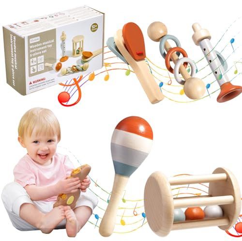 Fosoloni 5 Stück Musikinstrumente Kinder, Montessori Musikinstrumente mit Trompete, Holzschlägel, Kastagnetten, Holzrassel und Dreiringrassel, Holzspielzeug Baby Greifling Gift für 0-3 Jahrn Kinder