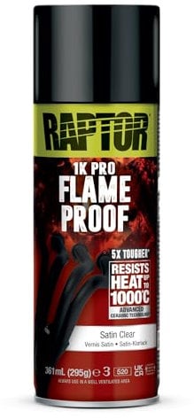 RAPTOR Flameproof | Feuerfest | hitzebeständig bis 1000°C | Thermo-Lack-Spray | Schutz für Auspuff, Motor & Auspuffkrümmer vor Rost | schnell trockenend (satin clear / seidenmatt Klarlack - 361ml)