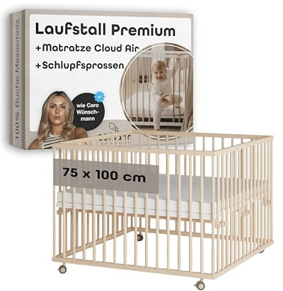 Sämann Laufstall Baby mit Matratze Cloud Air und Schlupfsprossen | TÜV geprüft | stufenlos höhenverstellbar | Laufgitter Premium | Babybett aus Holz | Krabbelgitter (natur, 75x100 cm)
