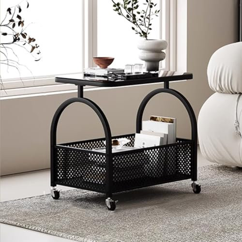 CUXAHO Mobiler Beistelltisch Glastisch Sofatisch Couchtisch Kaffeetisch mit Rollen, Wohnzimmertisch mit Oberfläche aus Glas,Nachttisch Stauraum für Schlafzimmer, Wohnzimmer(Nero)