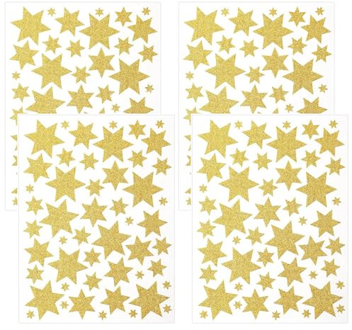 4 Blätter Sterne Sticker, 200 Stück Glitzer Stern Sticker, Gold Weihnachtssticker Weihnachtsdeko Selbstklebender Sechseckiger Sternaufkleber für Weihnachten Hochzeit Geburtstag