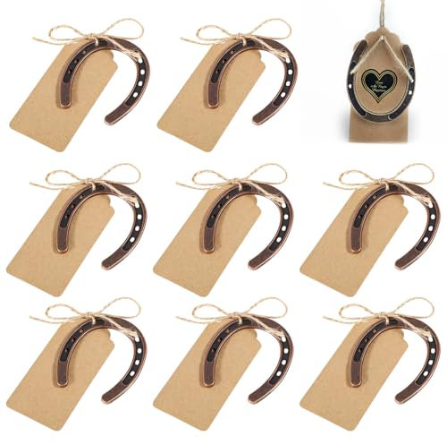 vcsjw 8 Stück Hufeisen Glücksbringer Set,Hufeisen Deko Set,6 x 7 cm Glücksbringer Hufeisen Geschenk mit Hanfseil Kraftpapieranhänger,Geeignet als Geschenk,um Gute Wünsche Auszudrücken