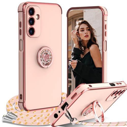 Cover per Samsung Galaxy S25 Plus 5G con Cordino, con Supporto ad Anello Cuore, Custodia Sottile Morbido Silicone TPU Antiurto Dorata Placcatura Protettiva Case Regolabile Collana Tracolla, Rosa