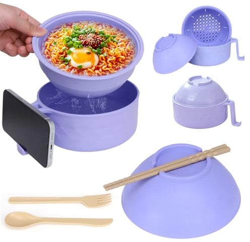 EOAMGO Noodle Bowl with Lid, Ramen Bowl Set, Microwave Noodle Bowl with Chopsticks and Fork, Instant Noodle Pot Soup Bowl with Lid, 1200ml Portable Large Ramen Bowl with Salad Bowl, BPA Free (Purple)