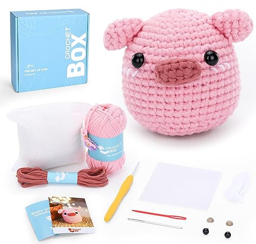 CrochetBox CROCHET BOX Komplettes Häkelset für Anfänger, Schwein Häkelset, Video-Tutorial einbeziehen, Anleitung, Weiches Garn