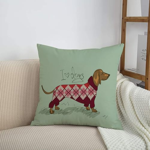HRRASFAZF Garten Dekorative Kissenhülle Zierkissen Bezüge für Sofa Wohnzimmer Sommer Frühling Kissenbezug,süßer Dackel in einem Strickpullover auf grünem Hintergrund mit dem Text „i Dog“,50x50 cm