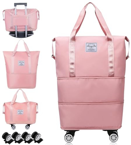 Cnwinu Faltbare Reisetasche mit Rollen, Erweiterbar Handgepäck Tasche, Reisetasche Groß mit Abnehmbar Rollen, Weekender Travel Bag für Damen und Herren, Reisetaschen für Fitnessstudio (Rosa)