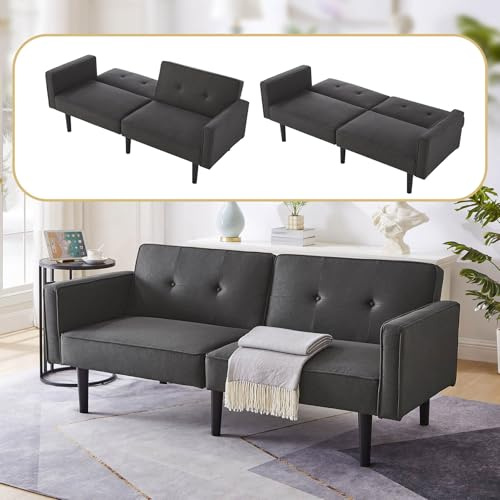 Aceinheu Schlafsofa 2-Sitzer mit Schlaffunktion, 2-in-1 Sofabett mit getrennt verstellbaren Rückenlehnen, Zweisitzer-Sofa aus Baumwoll-Leinen-Stoff & Holzbeinen, (Antikschwarz)