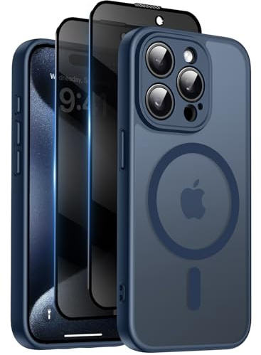 Qasyfanc for iPhone 15 Pro Case, Privacy Screen Protectors X2, Blue | Compatible with MagSafe, Camera Protection, 15FT Military Drop Protection, Translucent Matte Shockproof Phone Cover