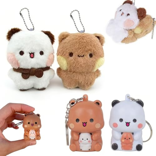 RNPKZ 4 Stück Bubu Dudu Schlüsselanhänger, Bubu Dudu Dekoration, Bären Plüsch Schlüsselanhänger, Kawaii Schlüsselanhänger mit Sound & Licht für Frauen, Mädchen, Auto, Geldbörse, Rucksack,Schlüssel