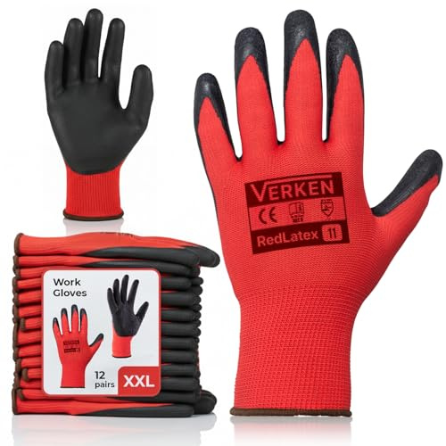 GUARDIS Guanti di montaggio XXL misura 11-12 paia di guanti da lavoro rivestiti in lattice rosso nero – Guanti robusti grip per artigianato, costruzione e officina