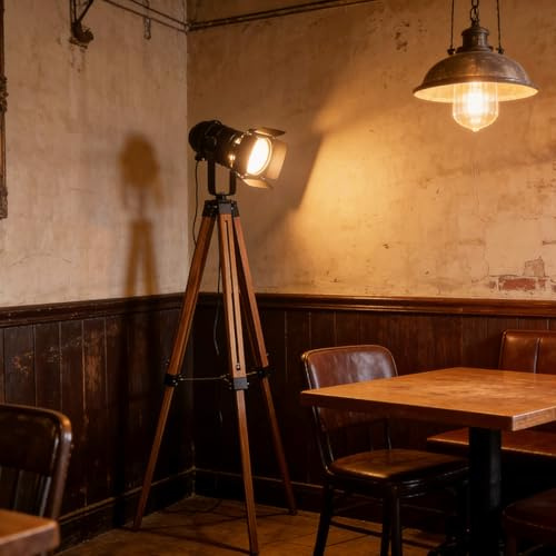 XIHOME Industrielle Stehleuchte für Wohnzimmer Wetterfestes Holz Großformatige Beleuchtung Schwarz Verstellbar Kino-Metallschirm Studiobeleuchtung E27-Fassung Retro-Stehleuchte für Schlafzimmer Büro L