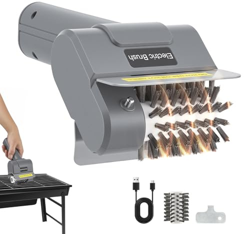 Spazzola Elettrica per Barbecue, Senza Fili Ricaricabile con Testa in Acciaio Inox, 1 Testa di Ricambio Inclusa, 350 giri/min, 60 minuti di Autonomia, per Griglie a Gas, Carbone, Smoker