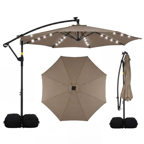 RELAX4LIFE Parasol Déporté 3x3M avec LED Solaire, Parasol de Jardin Extérieur Rotatif à 360°, 8 Branches, Base Croisée et 2 Sacs de Sable pour Jardin, Terrasse et Piscine (Marron)