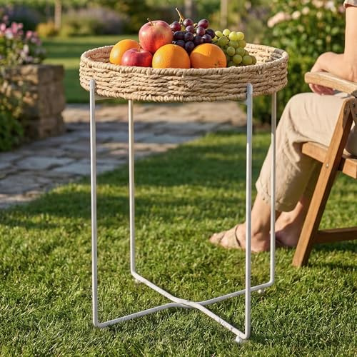 doporro Beistelltisch rund Ø37×H55 cm, mit abnehmbarem Tablett Weiß | Couchtisch klein aus Papierseil, Sofatisch als Beistelltisch Couch für Wohnzimmer, Schlafzimmer, Outdoor und Balkon, Reglo-08
