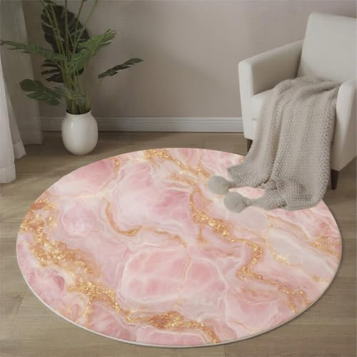 ALTCIRNMD Runder Teppich, Roségold Naturmarmor 3D Natürliche Textur Anti-Rutsch Bodenmatte Home Schlafzimmer Büro Wohnzimmer Haustür Art Deco Teppich, 120Cm