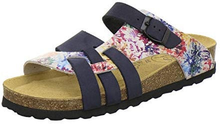 AFS-Schuhe 2122 Damen Pantoletten aus echtem Leder, hochwertige Hausschuhe für Frauen mit Eva-Sohle, Made in Germany (39 EU, Blau/bunt)