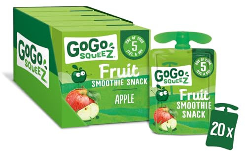GoGo squeeZ Apple Fruit Smoothie Snack,100% Real Fruit Blend, 20 x 90g Pouches, Snack for Kids & Adults, Gluten-Free, Vegan, No Added Sugar, School Lunchbox Friendly, On-the-Go Snacking
