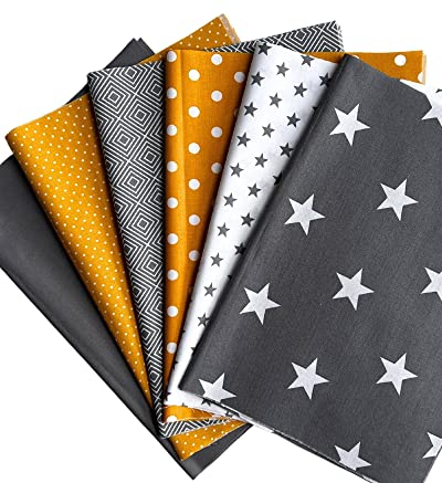 babrause® Stoffpaket Patchwork Baumwollstoffe 12 x (25x35cm) gelb grau weiß - Stoffe - Punkte, Sterne, Rauten, Pünktchen, Sterne