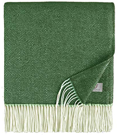 Linen & Cotton Klassische Weiche Wolldecke Decke Merino Wolle Wohndecke Kuscheldecke Diamond mit Rautenmuster - 100% Merinowolle, Grün (140 x 200 cm) Tagesdecke Plaid Überwurf Couch Sofadecke