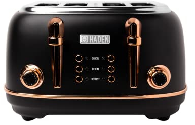 Haden Heritage Black Toaster 4 Slice - Adjustable Browning Control, Reheat and Defrost Functions 4 Slice Toaster - Stainless Steel Toaster 4 Slice - Self-centring Function - 1370-1630W