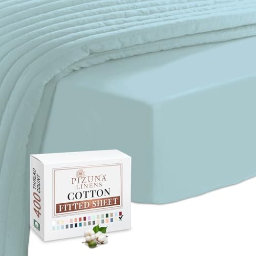 Pizuna 400 Thread Count Cotton Single-Fitted-Sheet-Baby Blue, 100% Long Staple Fitted Single Bed-Sheets, Luxury Soft Sateen Sheet (100% 40cm Extra-Deep Bed)