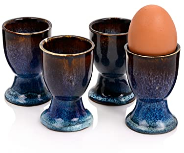 Sänger | Eierbecher Tokio 4 tlg, Eierhalter 4 Personen, Steingut Eier Becher Set, Erweiterung Frühstücksset, Eggcup Spülmaschinenfest, Eier Cup Blau-Schwarz mit Braunen Akzenten | PREMIUM COLLECTION