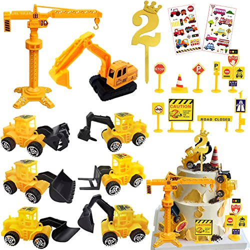 Tortendeko Baustelle 2 Jahre, 20 Stück Bagger Kuchendeko 2. Geburtstag Junge, Metall Kunststoff Baustellenfahrzeuge Verkehrsschilder Kinder, Baustelle Spielzeug Kuchen Deko Junge