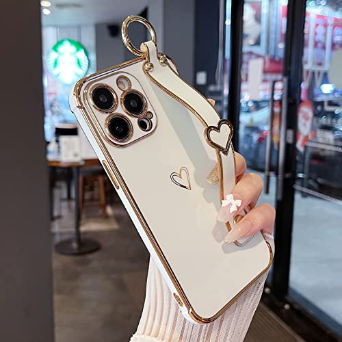ZTOFERA Compatible with iPhone 14 Pro Case with Wrist Strap, Flexible Silicone Protective Phone Case with Cute Heart Pattern Hand Strap Stand Finger Holder Gold Trim Shockproof Bumper Cover, White
