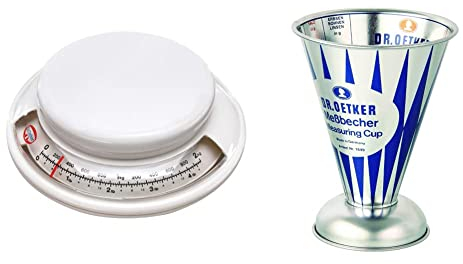 Dr. Oetker 1531 Backwaage Ø 17 cm, analoge Haushaltswaage, (Farbe: weiß) & Messbecher Nostalgie, Messkanne aus Weißblech, trichterförmiger Messbecher - Retro Design (Maße: Ø11x14,5 cm)