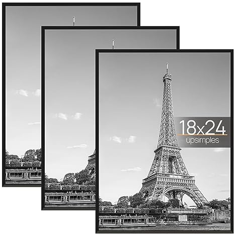 upsimples 18x24 Picture Frame Black 3 Pack, Scratch-Proof Poster Frames 18 x 24 for Photo Gallery - Slide-In Strips, Horizontal or Vertical Wall Mounting