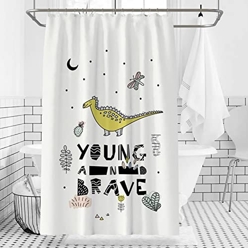 Aotiwe Duschvorhang Stoff Waschbar, Duschvorhang Natur Tierischer Dinosaurier Young and Brave Schwarz Gelb Polyester 180X200cm