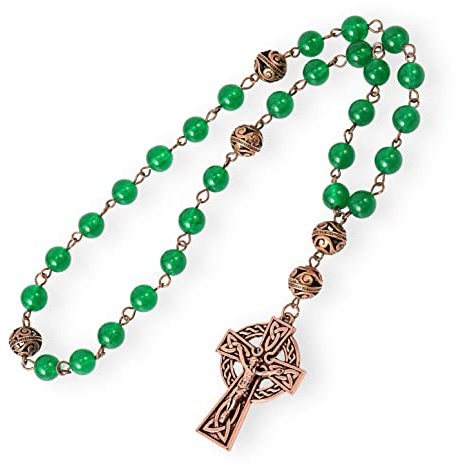Nazareth Store Grüner Jade Anglikanischer Rosenkranz mit keltischem Kreuz-Kruzifix und grünem Perlenrosenkranz.
