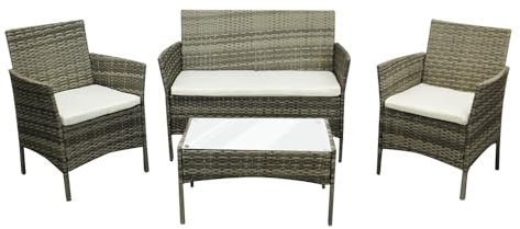 COZYBRITE Rattan Garden Furniture Sofa Set with Cover Coffee Table Chairs 4 Seater for Outdoor Patio Balcony 6210-B (Mixed Grey+Beige Cushions)
