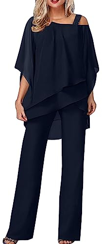 Damen Hosenanzug Elegant 2-Teiliges 3/4 Batwing Ärmel Unregelmäßiger Shirts + Hohe Taille Weites Bein Hose Zweiteiler Sets Hochzeit Festlich Abendanzug Einfarbig Freizeitanzug Outfit (Marine, M)