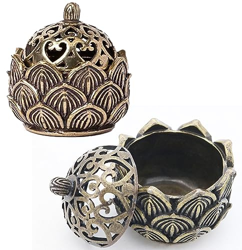 Lezed Räucherkegel Lotus Räucherstäbchen Halter 2 Stück, 4 cm Bronze Retro Weihrauchbrenner Räucherkerzen, Hollow Räuchergefäß Mit Deckel Räucherkegel Halter, Für Heimdekoration,Teehaus,Yogastudio(L)