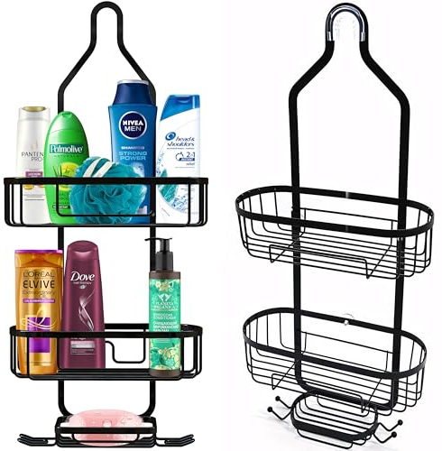 Retoo Duschablage zum Hängen mit 2 Körben, Duschregal an Duschkabinen, Duschkorb mit Seifenhalter, Rostfrei, Hängekorb für Duschgel, Shampoo, Badekugeln, Badebürste, Bad, 26x11x55.5cm