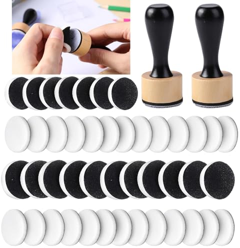 Briartw 46 Packs Mini Round Ink Blending Tool with Foams Set,2 Pcs Round Alcohol Ink Mini Applicator Tools and 44 Pcs Replacement Refill Sponge Flat Foam Pads Art Supplies for Distressing Blending
