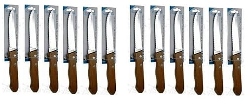 Genérico Juego de 12 Cuchillos Sierra Chuletero. Mango de Madera. Microdentado. Fabricados en Albacete. (Sierra Micro Madera)