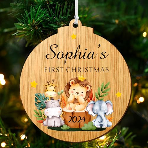 Personalised Baby's First Christmas Bauble Ornaments Gifts 2024 Christmas Tree Decorations with Any Name Custom Wooden Hanging UV Print Xmas Gifts for Baby Kids Son Daughter(Round, Design 1)