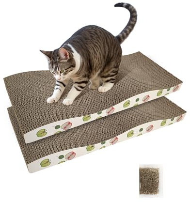 TIMHAKA Lot de 2 griffoirs ondulés pour chats d'intérieur avec herbe à chat, griffoir pour chat avec texture à gratter de qualité supérieure, grattoir en carton avec utilisation double face