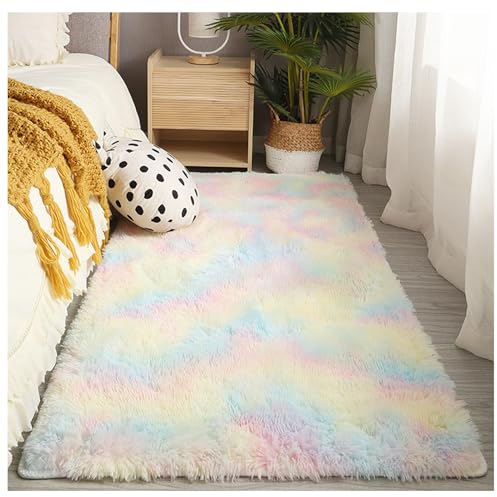 Bibykivn Shaggy Modern Teppich, Teppichunterlage Antirutschmatte, Als Faux Bett-Vorleger oder Matte, Langflor Teppiche für Wohnzimmer Schlafzimmer, Esszimmer oder Kinderzimmer (Mehrfarbig, 80x160 cm)