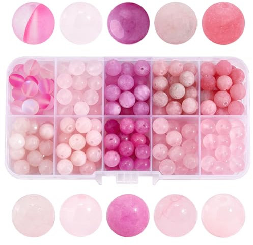 PH PandaHall 180pcs 8mm Pink Stone Beads 10 Styles Gemstone Beads Jade Beads Rose Quartz Beads Crystal Beads Loose Craft Beads for Valentine Earring Necklace Bracelet Anklets Jewellery Making